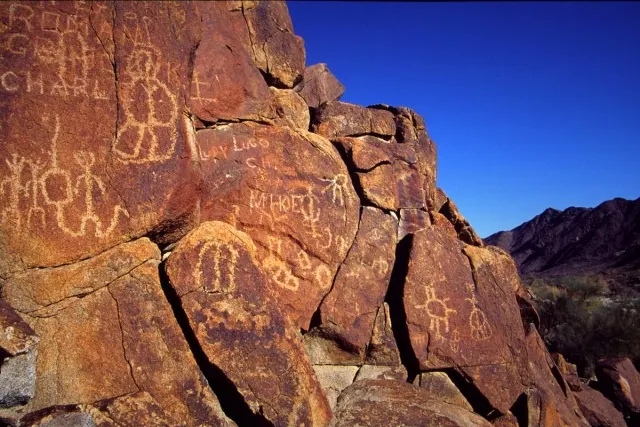 Ancient rock engravings on a desert rock face