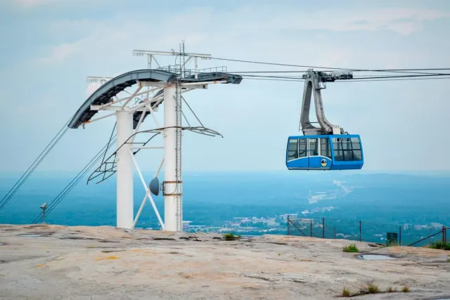 Cable car cabin above a mountain valley